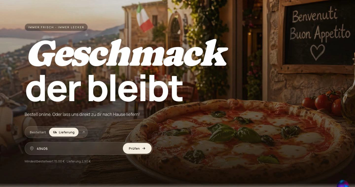 Restaurant ordering page with delivery and pickup options