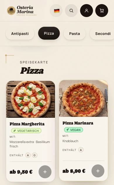 Full mobile menu showing two pizzas, prices and selection buttons